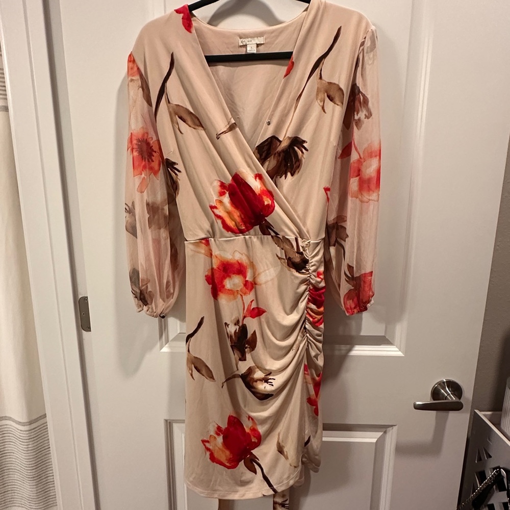 Lulu's Beige Floral Long Sleeve Dress